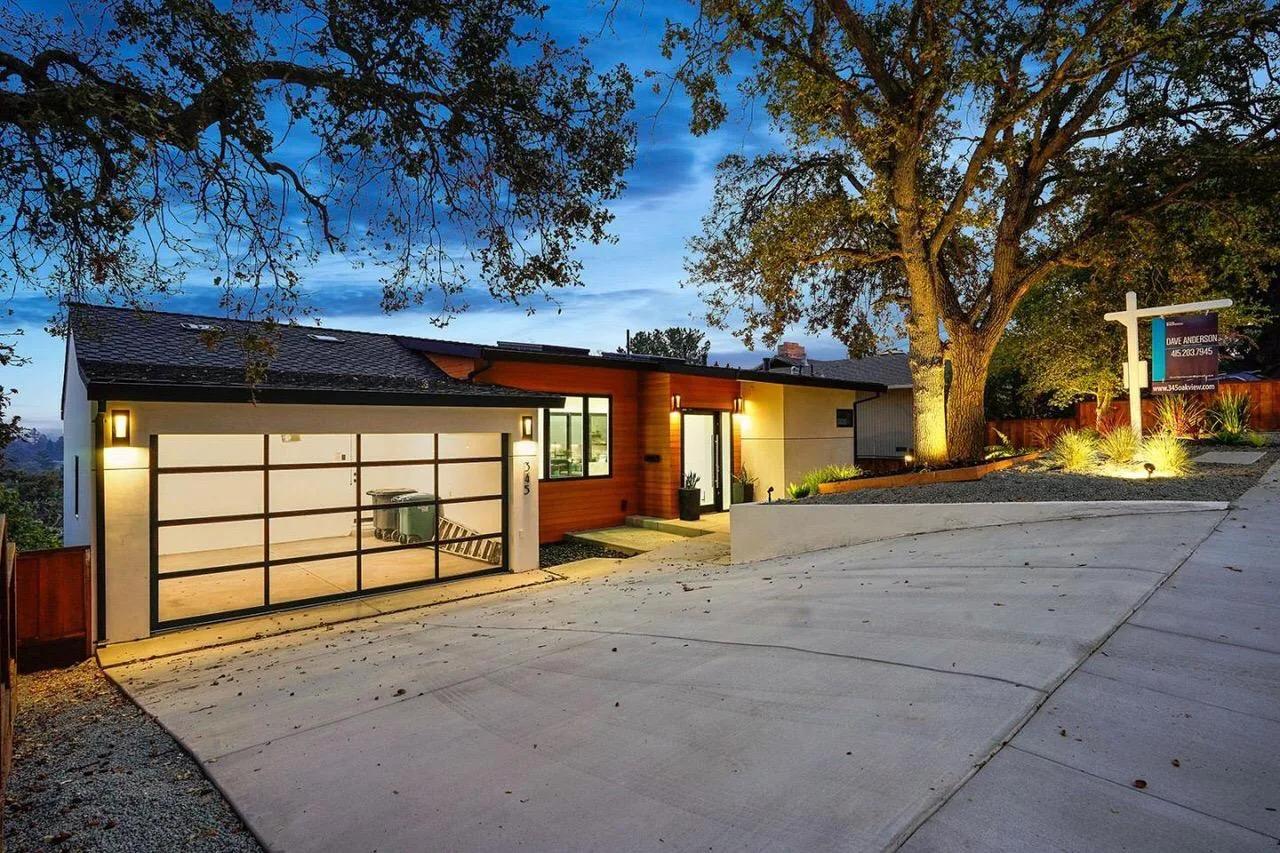 Modern home exterior at twilight